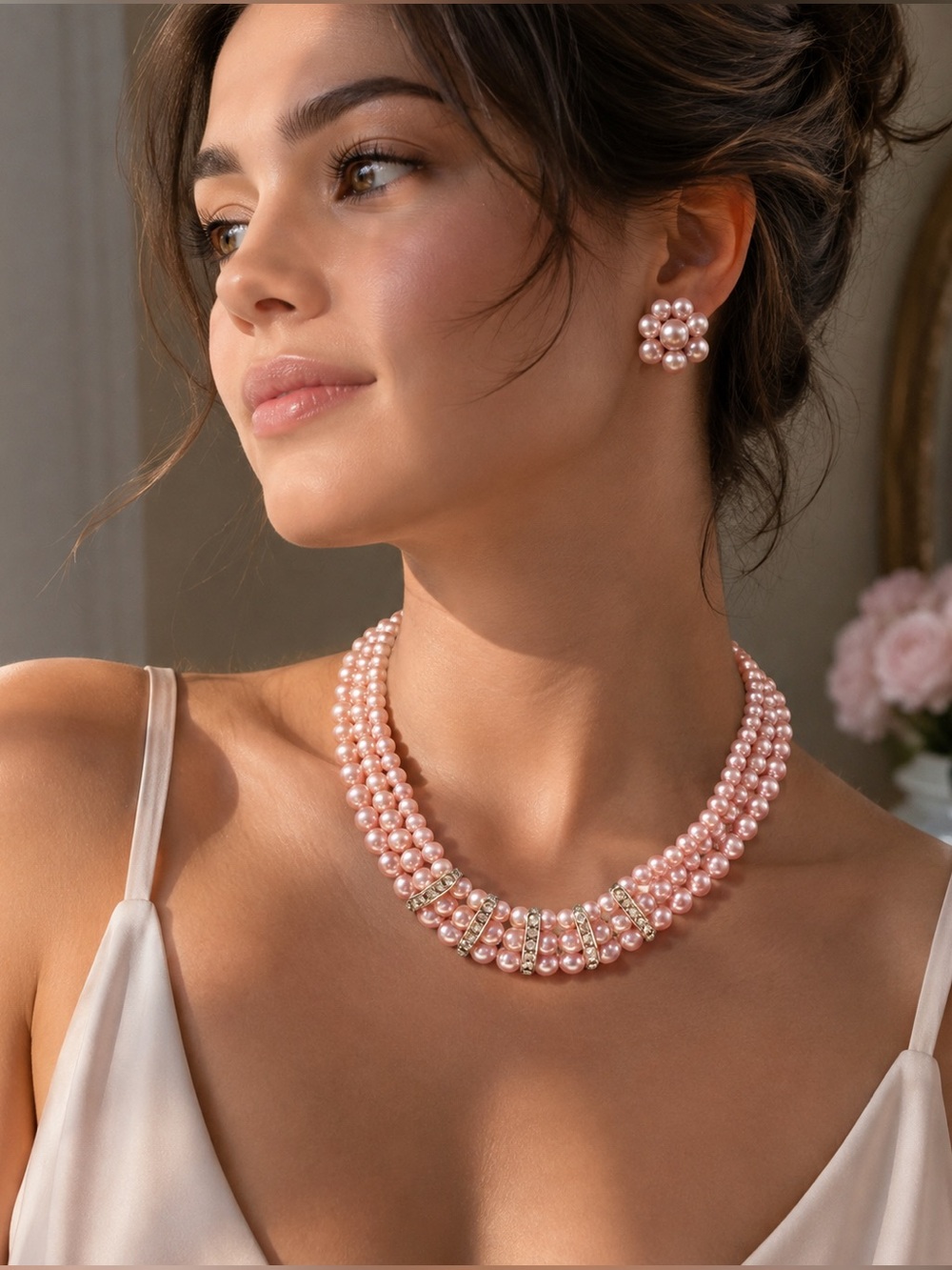 Pink Pearl Multi-Strand Necklace and Clip-On Earrings Set